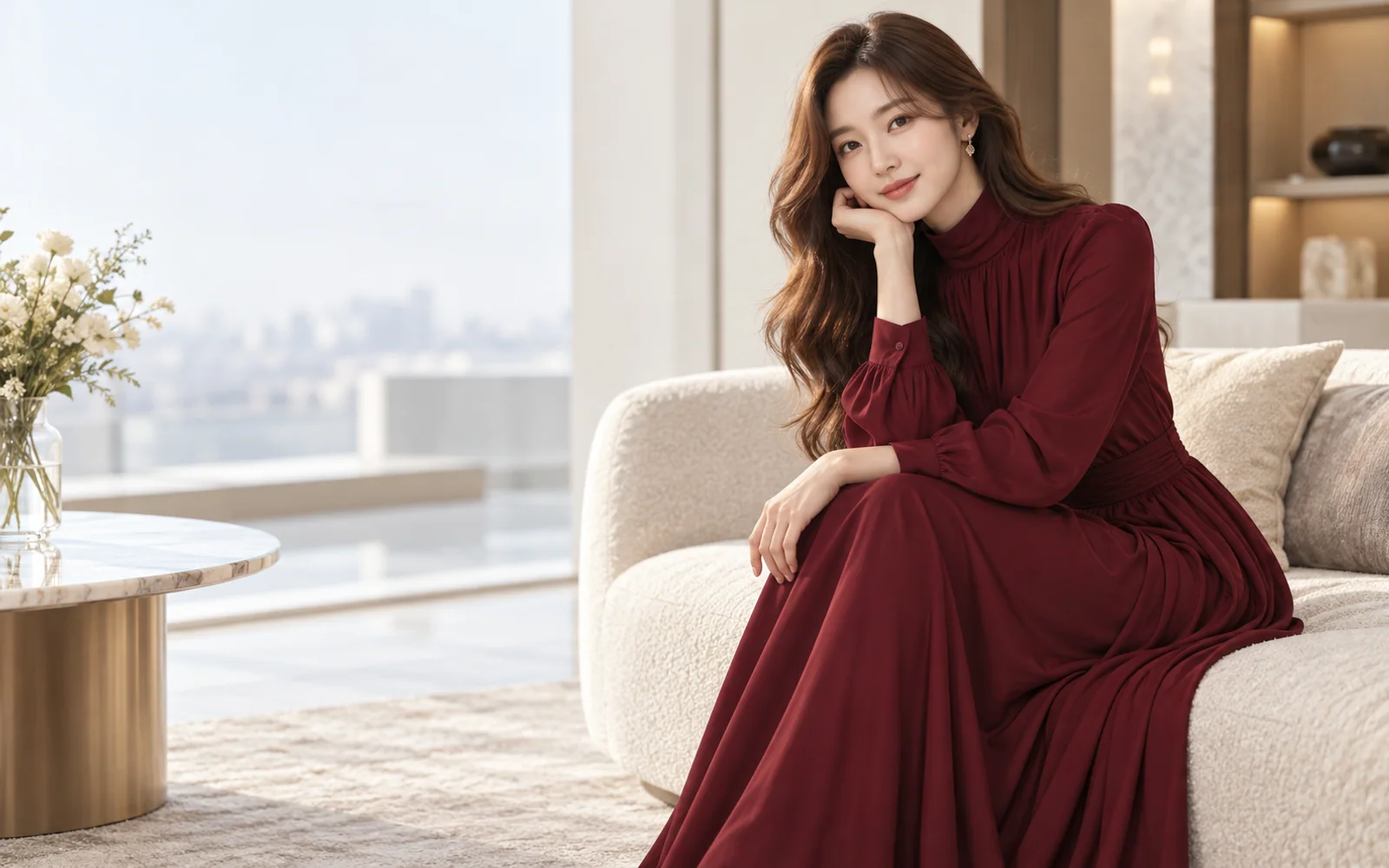 강남 구구단 쩜오 업체 안내 콘셉트 이미지: 버건디색 긴소매 드레스를 입은 성인 여성 모델