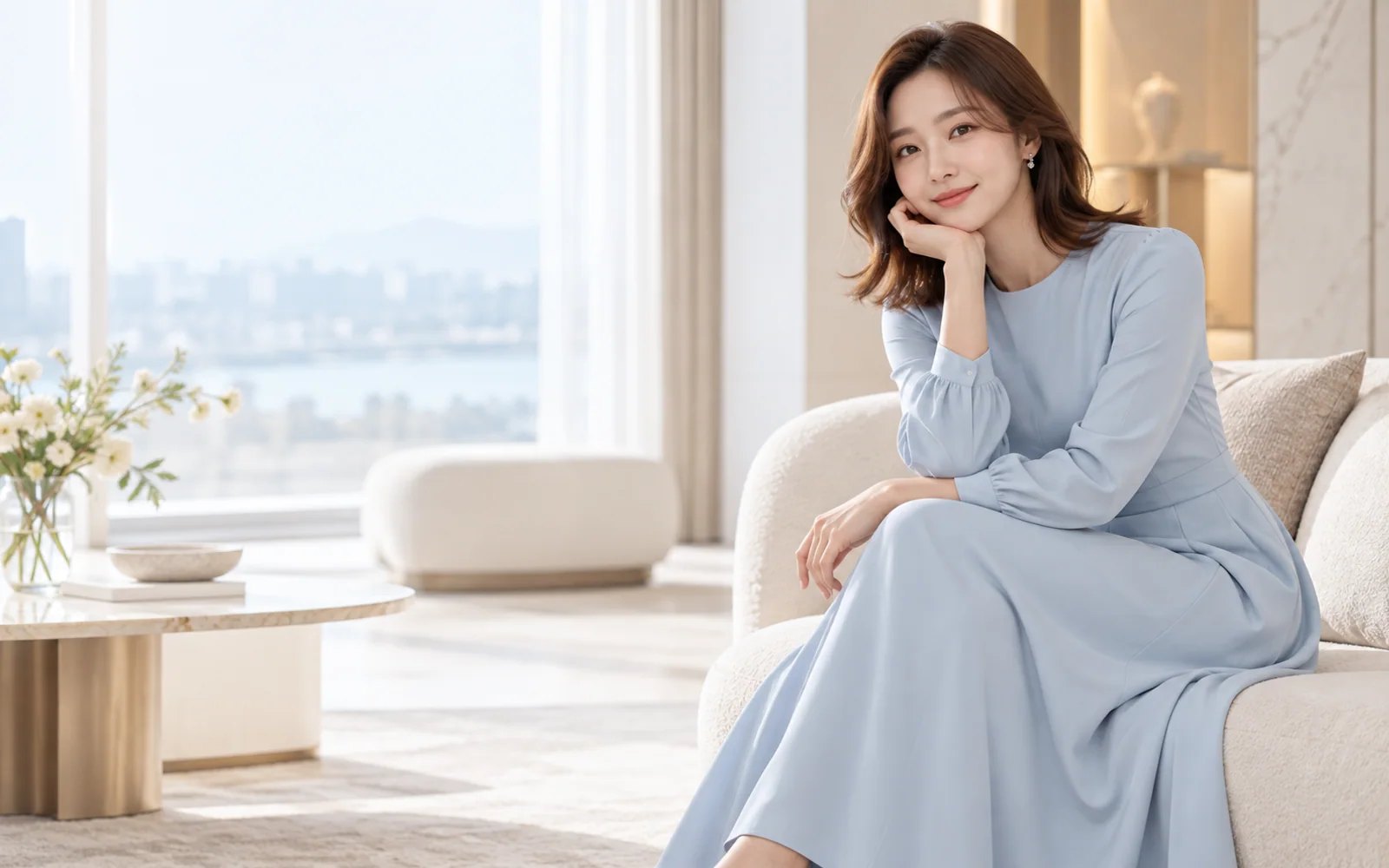 강남 인트로 쩜오 업체 안내 콘셉트 이미지: 하늘색 긴소매 드레스를 입고 앉아 있는 성인 여성 모델