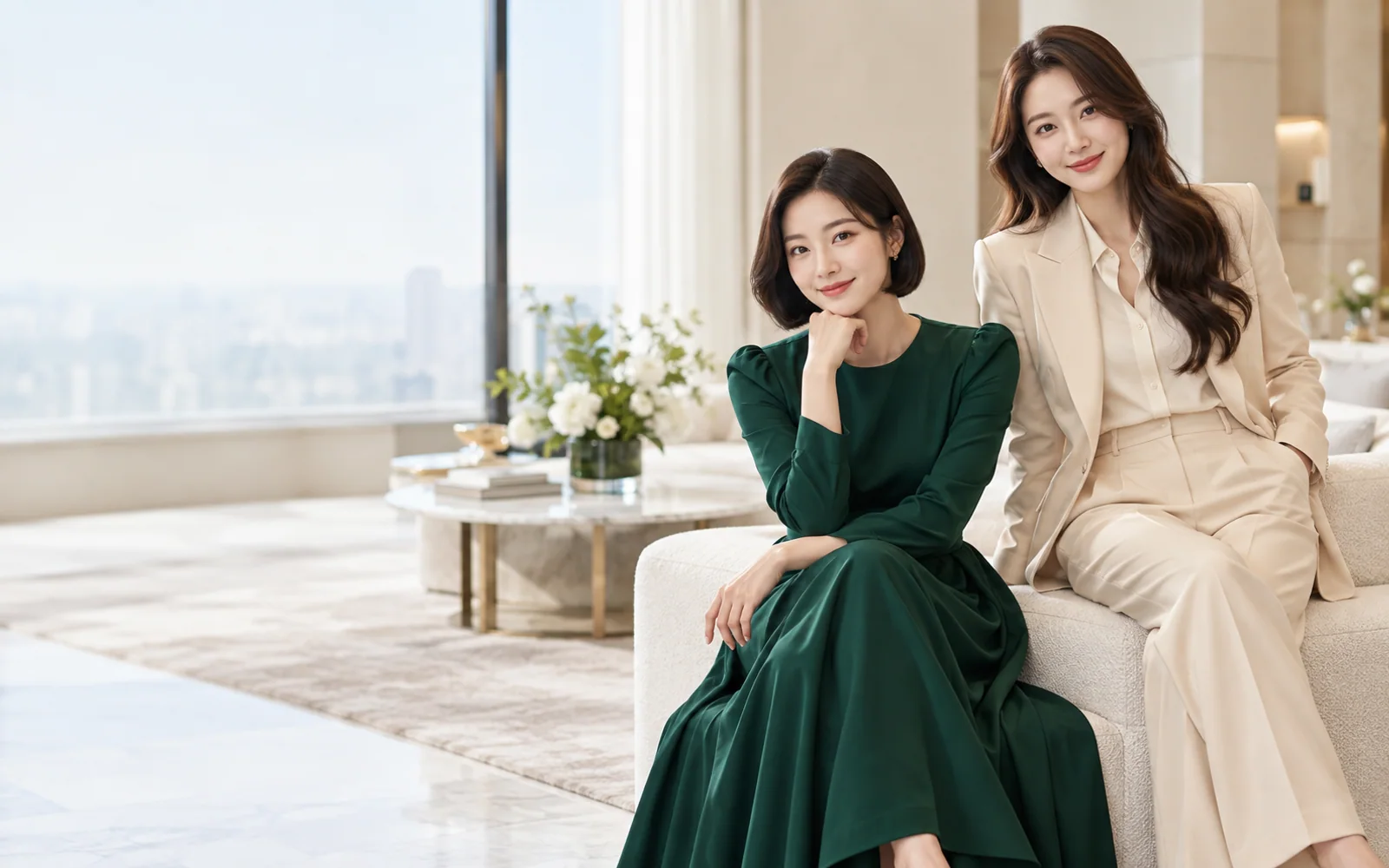 강남 일프로 업종 비교 콘셉트 이미지: 에메랄드색 드레스와 샴페인색 정장 차림의 성인 여성 모델 두 명
