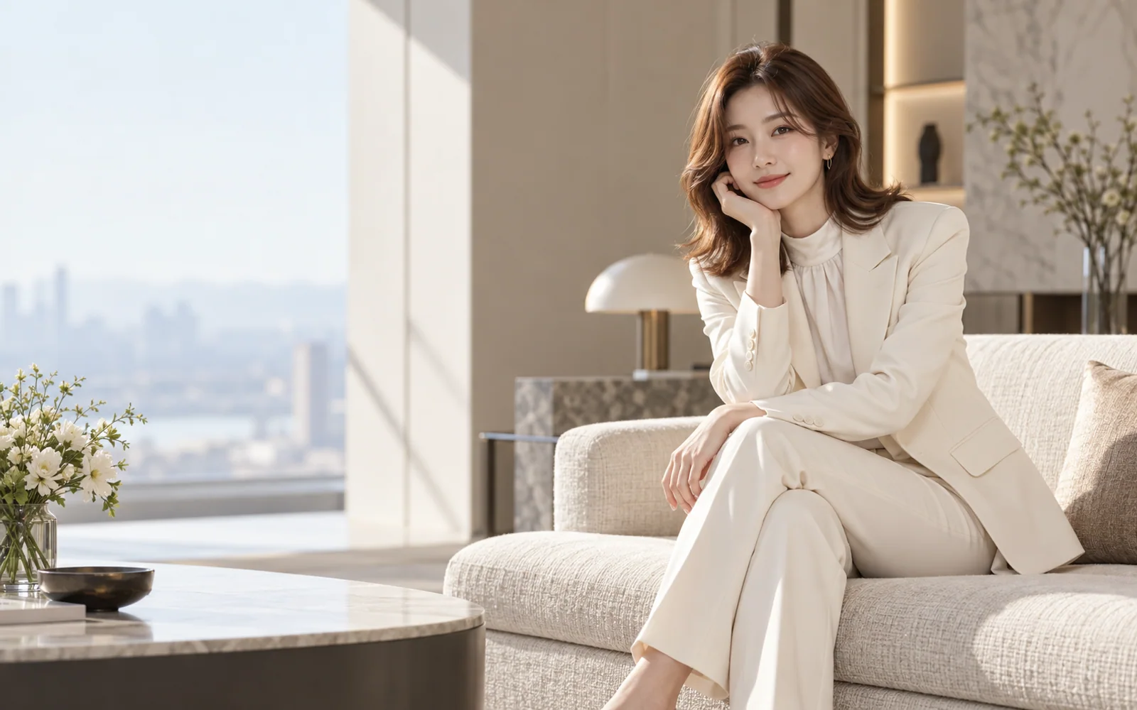 강남 화이트 텐카페 업체 안내 콘셉트 이미지: 아이보리 정장을 입고 앉아 있는 성인 여성 모델