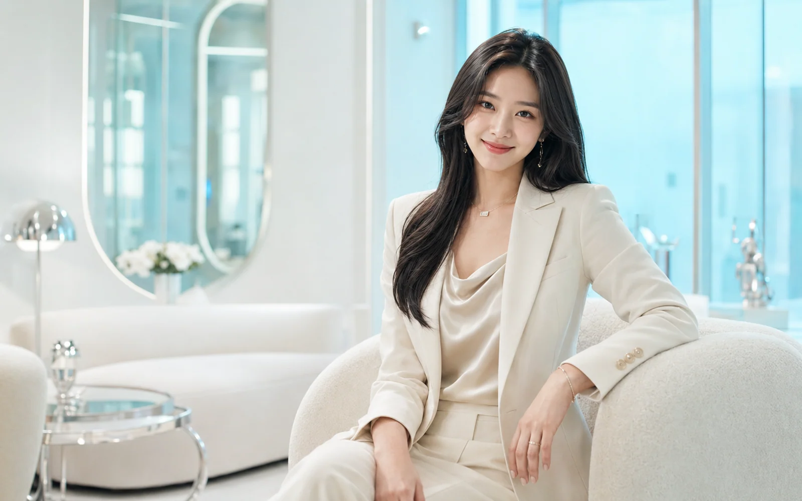 강남 유앤미 하이퍼블릭 업체 안내 콘셉트 이미지: 아이보리 재킷을 입은 긴 머리의 성인 여성 모델